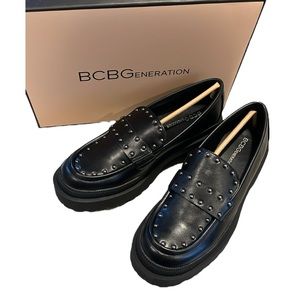 BCBGENERATION MARLEY PLATFORM STUDDED LOAFERS BLACK SIZE 8.5 NEW IN BOX